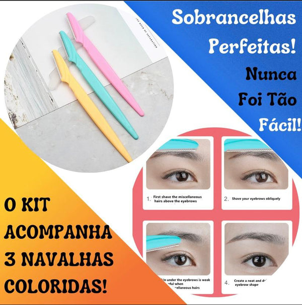 Kit com 3 Navalhas Coloridas para Sobrancelhas