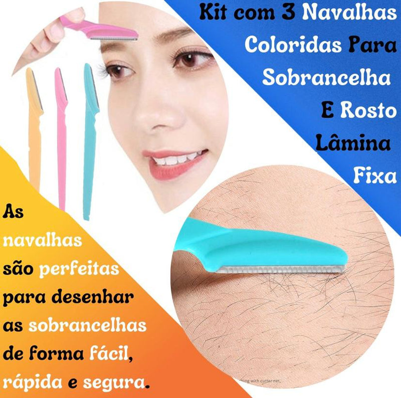 Kit com 3 Navalhas Coloridas para Sobrancelhas